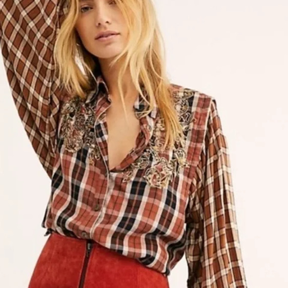 Free People Gold Embroidery Copper Two Tone Plaid Flowing Button Down Blouse - Picture 2 of 10